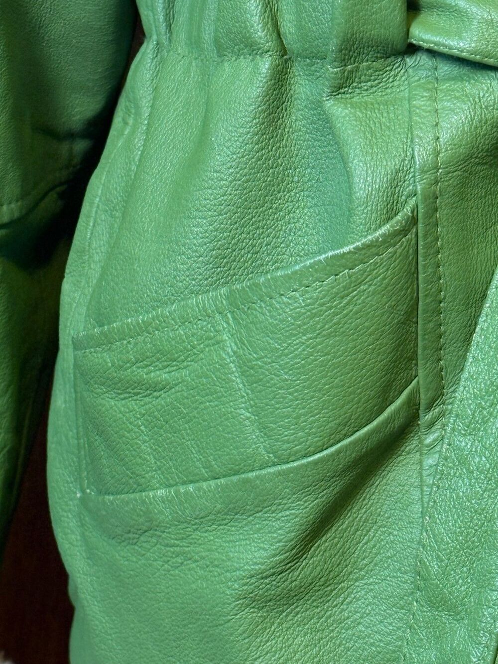 RARE Vtg Leather/Faux Fur Lined USA GREEN Coat w/Hood Penny Lane Protocol Medium - Picture 6 of 16